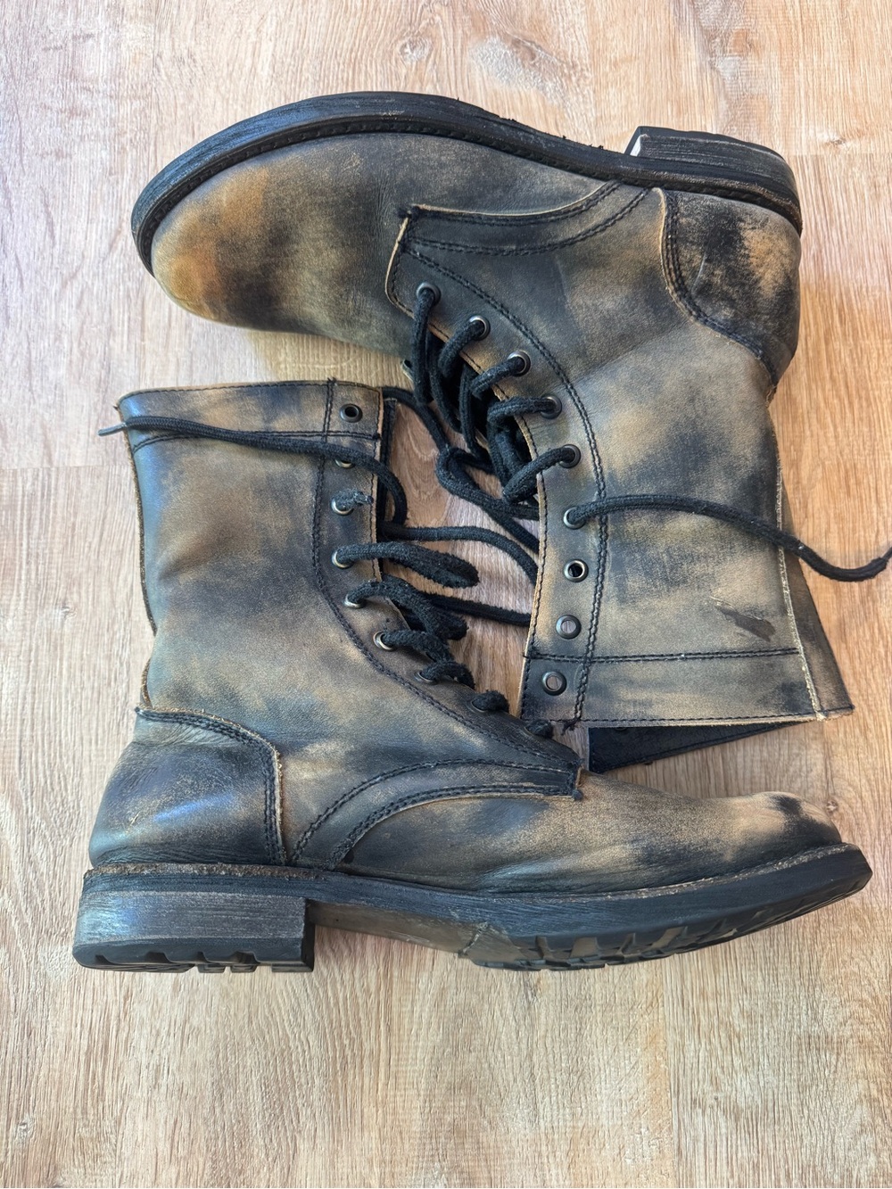 Distressed Black and Tan Leather Combat Boots